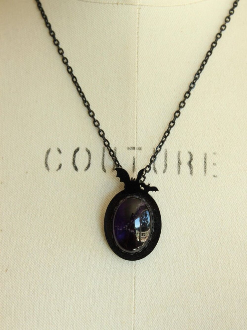 Gothic Bat Cameo Necklace with Purple Amethyst Cabochon on Black Chain